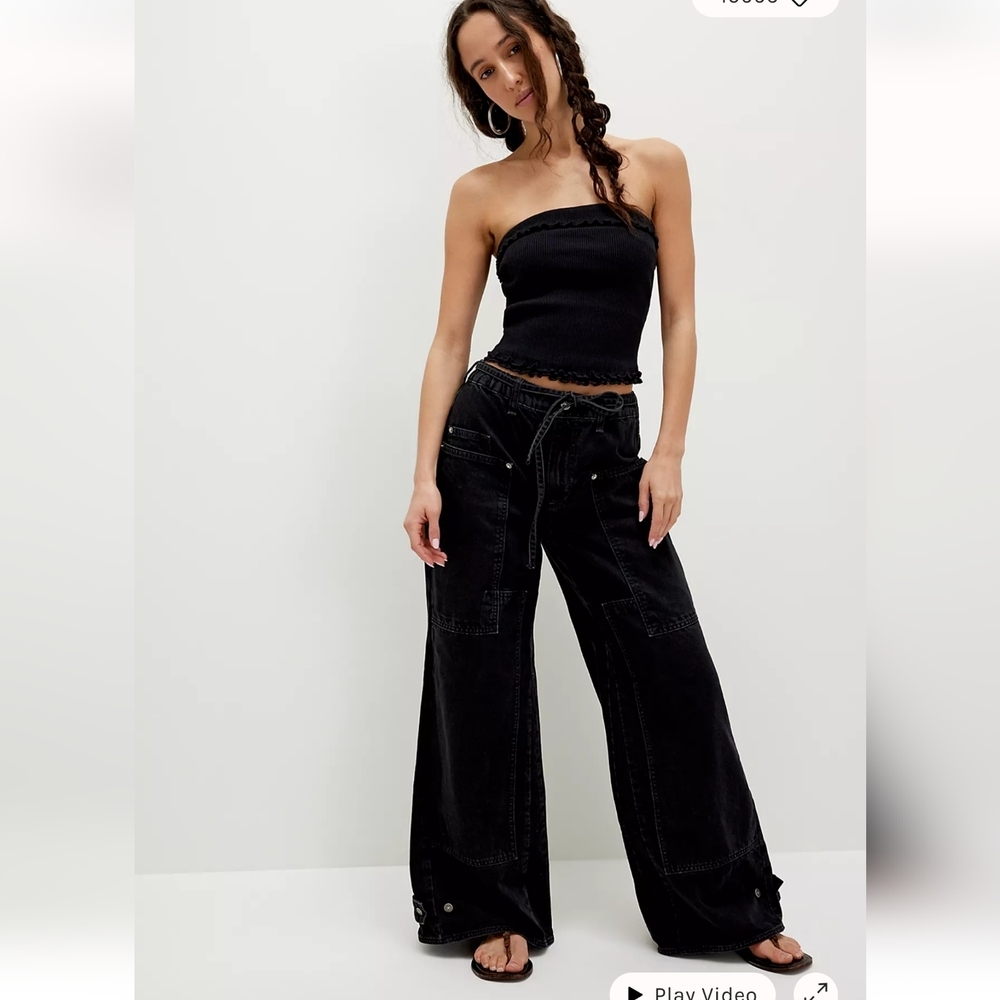 Free People We The‎ Free Crvy Outlaw Wide Leg Jeans Black Denim Tie Waist